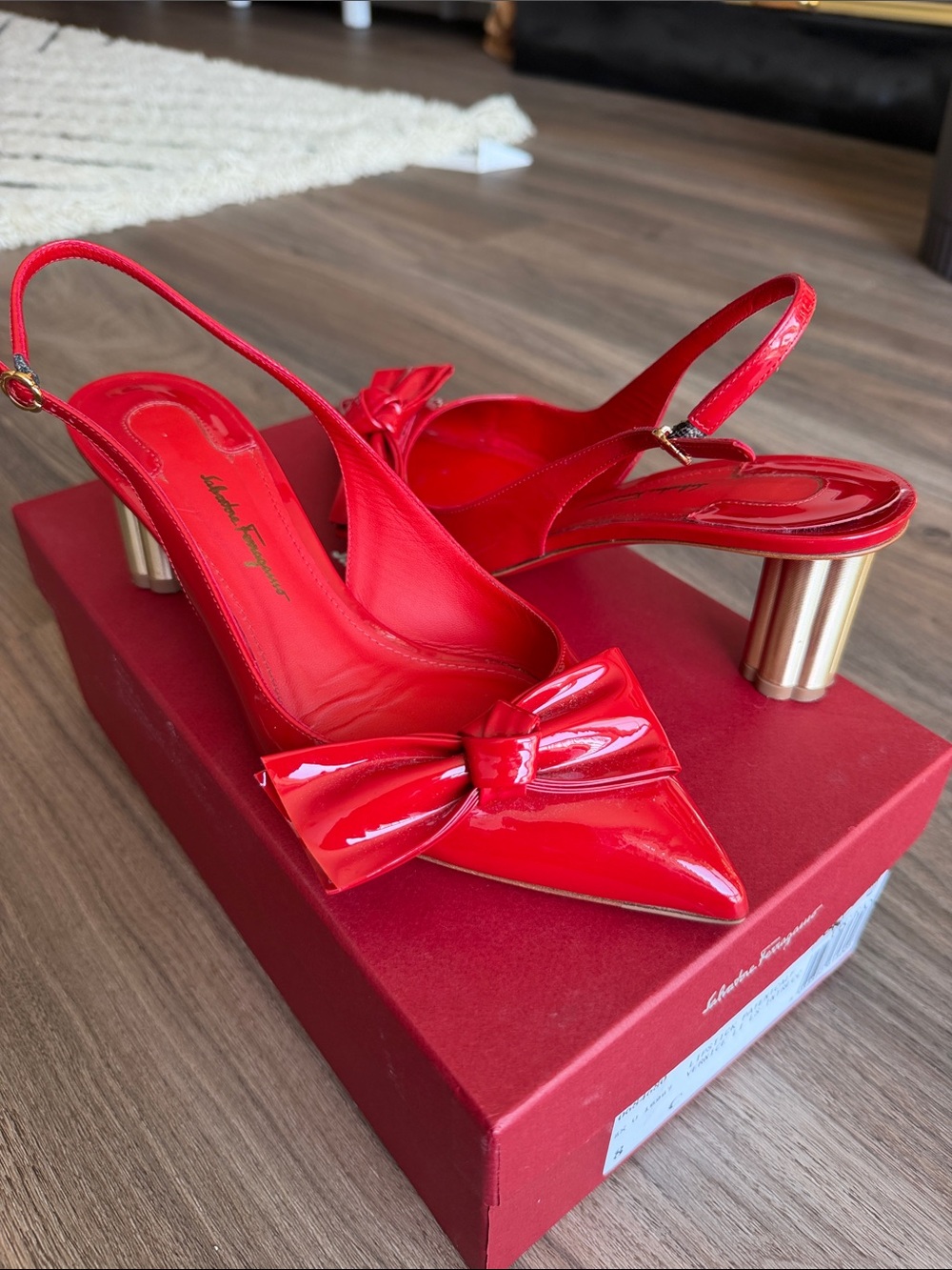 Salvatore Ferragamo Red Patent Bow Slingback Heels Authentic